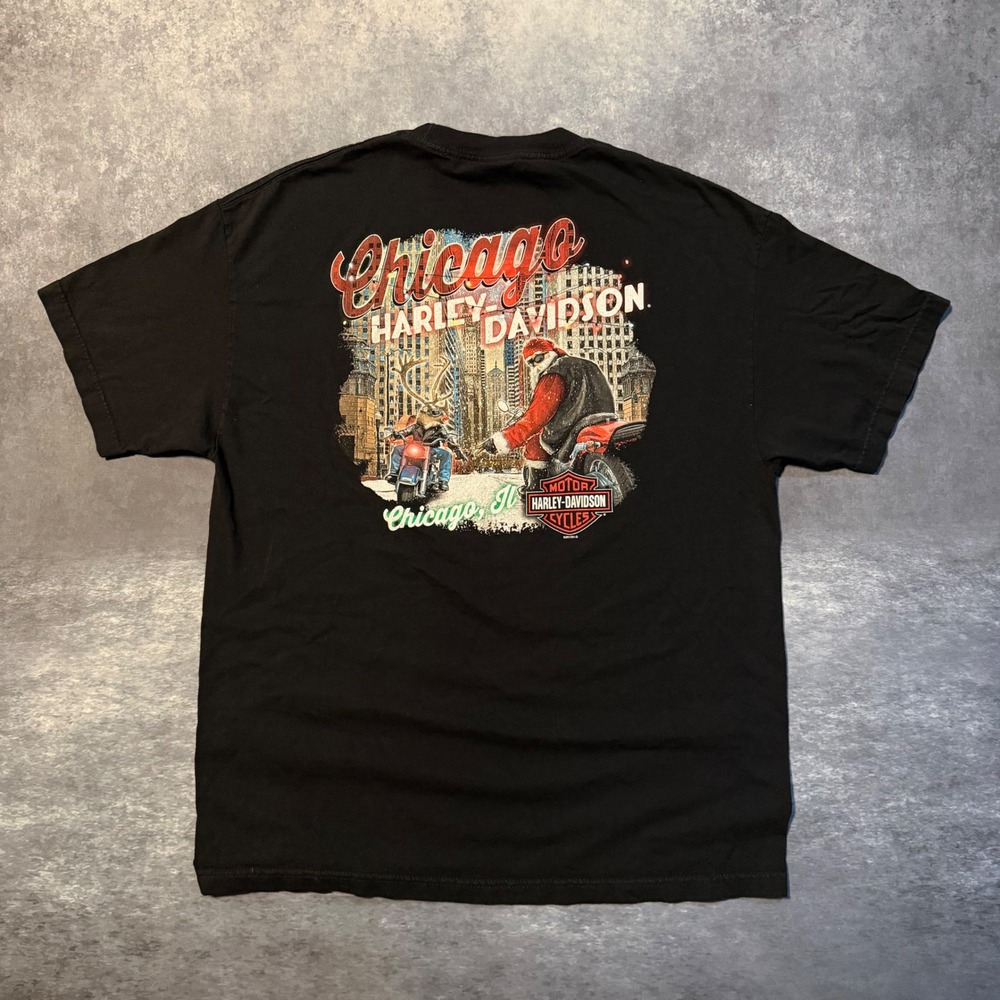 Harley Davidson Chicago IL Christmas T Shirt Men XL Black Santa Motorcycle Biker